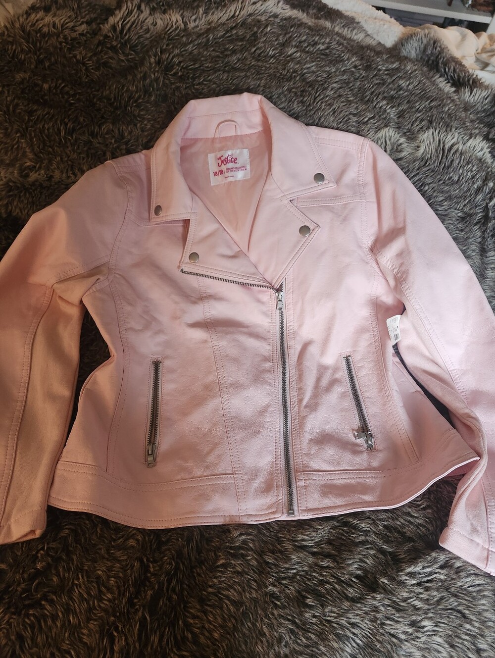 Justice Light Pink Faux Leather Moto Jacket with Silver Hardware-NWT- Size 18/20